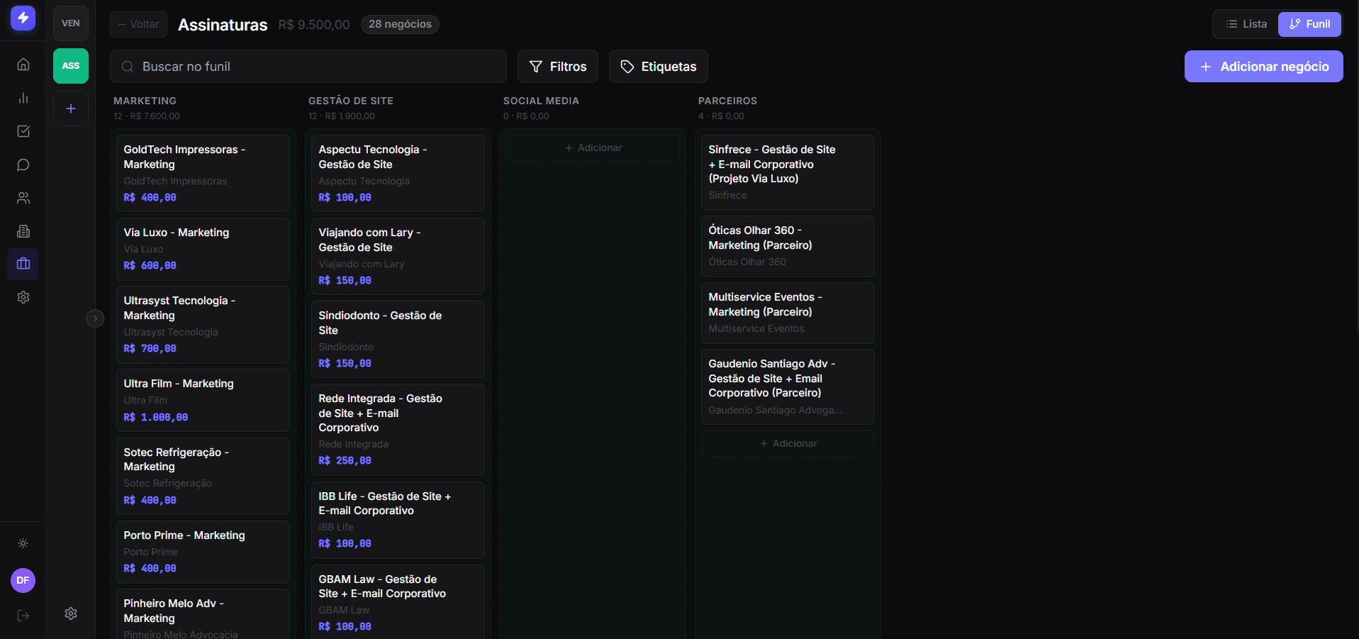 Funil Kanban do AppexCRM